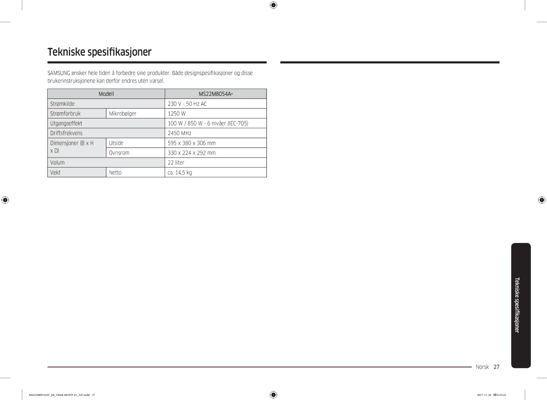 Samsung MS22M8054AK/EE, MS22M8054AW/EE manual Tekniske spesifikasjoner, Norsk  